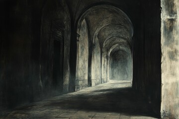 Poster - Dark, arched hallway; stone walls, dim light.