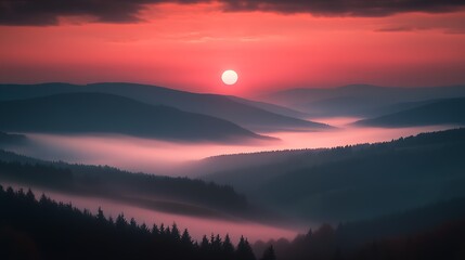 Poster - Stunning Red Sunset Over Misty Mountain Range with Forest Silhouettes : Generative AI