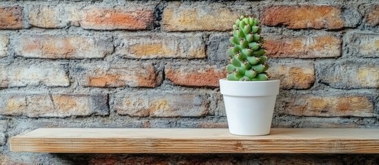 Sticker - Blooming green cactus in a white pot on a wooden shelf with rustic brick wall background ideal for vintage interior decor themes