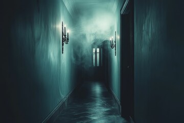 Poster - Dark hallway, smoky, lit sconces, distant door.