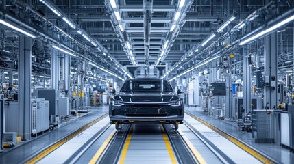 Wall Mural - Black Car on Conveyor Belt in Modern Factory