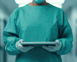 © praewpailyn - low angle shot of doctor in clinical setting, wearing scrubs and gloves, holding tablet. atmosphere conveys professionalism and care in healthcare