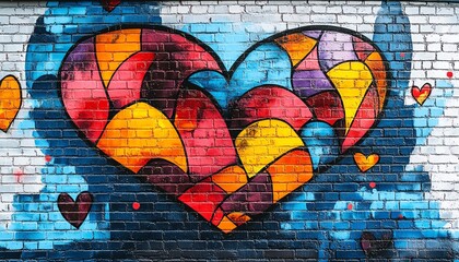 Poster - Vibrant and bold graffitistyle heart designs on a brick wall, with abstract shapes and bright color contrasts, created with generative AI for a street art vibe