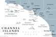 © Peter Hermes Furian - Channel Islands of California, gray political map. Eight-island archipelago in the Pacific, southwest of Los Angeles metropolitan area, administered by counties Santa Barbara, Ventura and Los Angeles.