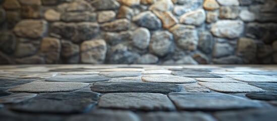 Wall Mural - Stylish blurred stone wall interior design backdrop for home office or hotel decor featuring detailed textured flooring