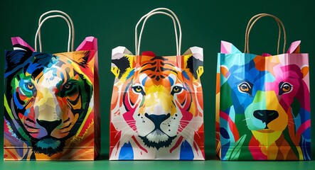 colorful animal print paper bag on green background