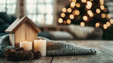 A small wooden house surrounded by glowing candles on a rustic table, exuding warmth and coziness amidst a festive atmosphere with blurred bokeh lights.