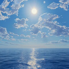 Sticker - A blue sky dotted with clouds and the sun shining over the ocean.