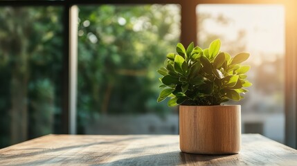 Wall Mural - This photo depicts a compact green plant nestled in a stylish wooden pot, illuminated by a soft sunlight glow, set against a tranquil indoor background.