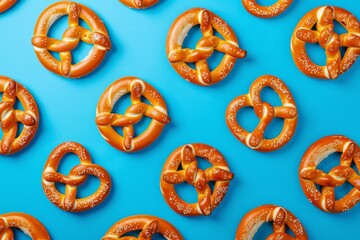 Wall Mural - A blue background with a bunch of pretzels. The pretzels are all different sizes and are all brown