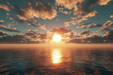 Sticker - A red sunset over the ocean, with a large, round sun glowing vividly against an orange sky filled with dark clouds. The calm water in front reflects its light.