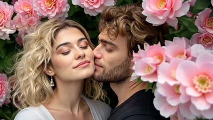 Canvas Print - A man and a woman are hugging in a field of pink flowers