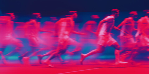 Dynamic soccer players in action showcasing artistic motion blur and energy on the field during a competitive match. Blue and pink silhouette duotone 