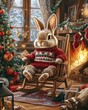 © Елена Смыкова - Rabbit in a red knitted sweater sitting on an armchair by the fireplace