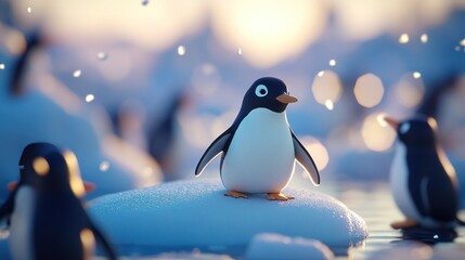 Wall Mural - adorable penguin standing on ice floe amidst colony at sunset.