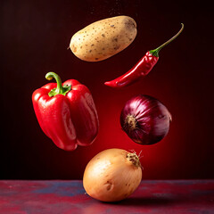 Canvas Print - Fresh vegetables with red onion, tomato, and colorful peppers isolated on a white background