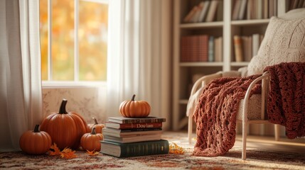 Autumnal Cozy Reading Nook: Pumpkins, Books, and Knitted Blanket by a Window