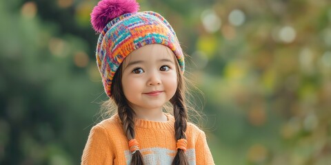 Sticker - A young girl wearing a colorful hat and a sweater with a ponytail. She is smiling and looking at the camera