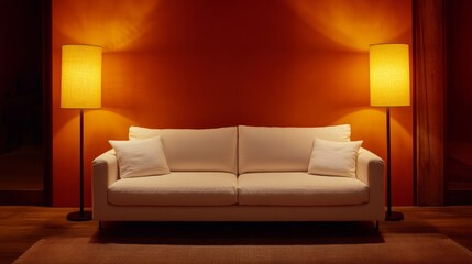 Wall Mural - White sofa illuminating a minimalist living room with warm lights and orange wall