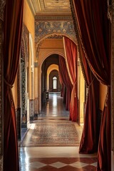 Poster - Ornate hallway, arched doorways, rich fabrics, sunlight.