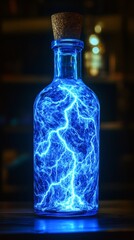 Wall Mural - Lightning trapped in a blue bottle with cork cap
