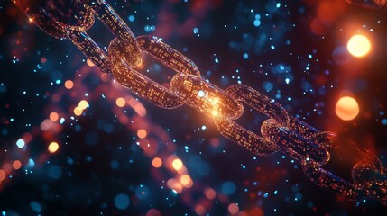 Glowing digital blockchain connecting together on dark background