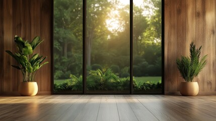 Wall Mural - A spacious room featuring a large window with a view of lush greenery, allowing natural light to flood in and highlighting potted plants on wooden floors.