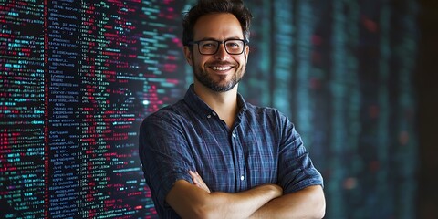 Male software developer standing confidently in front of a computer screen filled with code