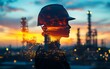 © Itsaree  - industrial worker silhouette against a sunsetlit refinery, double exposure with city skyline, symbolizing the manufacturing industry, energy, technology, and oil and gas sector