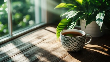 Wall Mural - A beautifully designed tea cup filled with hot tea sits on a wooden table, captured in the gentle morning light with a lush green plant in the background.