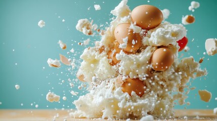 Wall Mural - A vibrant burst of eggs and flour in mid-air, creating a dynamic explosion against a teal background, capturing the chaos and creativity in culinary arts.