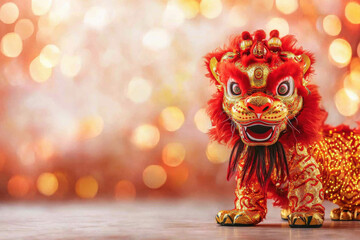 Vibrant lion dance figure with glowing red and gold details