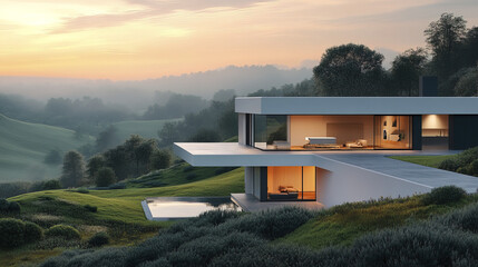 Wall Mural - modern minimalist house overlooking quiet countryside landscape at sunset