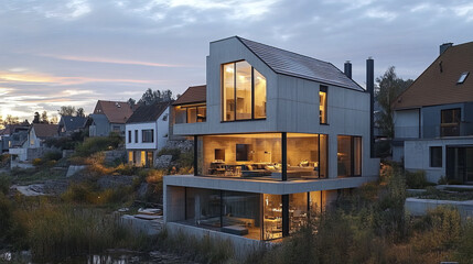 Wall Mural - Modern house with large windows and clean lines, surrounded by nature