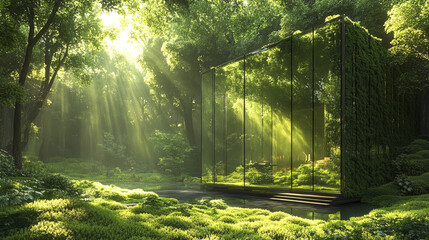 Wall Mural - modern glass house blending with lush pine forest, surrounded by sunlight