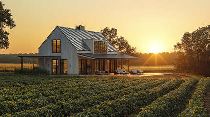 Sticker - Modern farmhouse with sleek architecture at sunset in vineyard