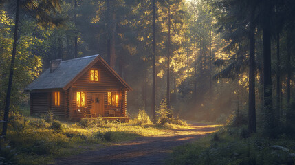 Sticker - cozy wooden cabin set back from forest road, glowing warmly in sunlight