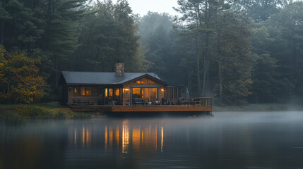 Sticker - cozy riverfront home with wooden deck and mist rising from water