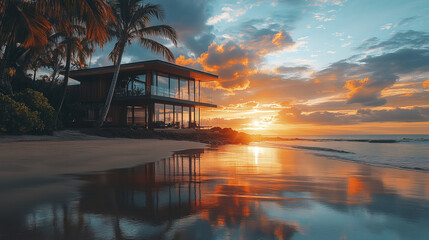 Sticker - cozy beachfront house with large glass windows reflecting sunset colors