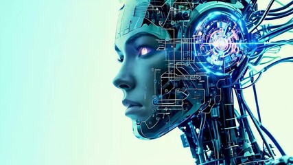 a robot woman  with  a circuit board  for a head and  a blue light  for  her eyes