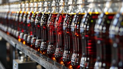 Aufkleber - This Bottles of dark soda are being filled and sealed on a production line in a bustling facility.