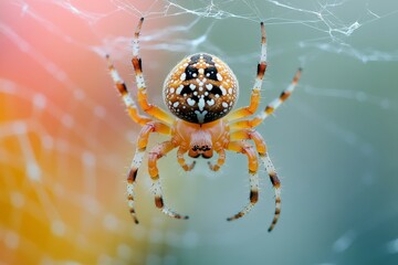 A vibrant orb-weaver spider sits in the center of its web, showcasing intricate details and color patterns against a bokeh background.