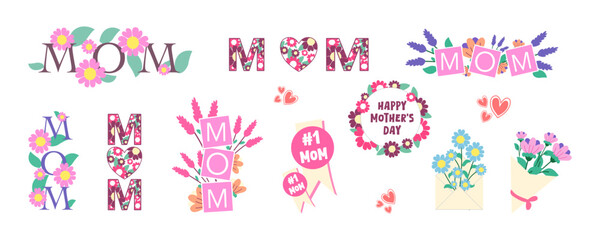 Naklejka na meble Set of Happy Mother's Day Design Ideas with Text Frames, flowers, heart, bouquet, Borders, and creative decorations isolated on a white background. Editable vector illustration.