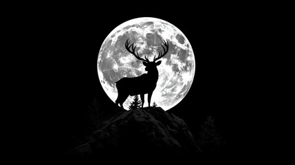  Majestic deer silhouette on mountain peak against a full moon.