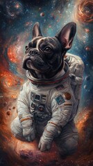 Wall Mural - french bulldog astronaut wearing spacesuit exploring galaxy, colorful nebula and planets