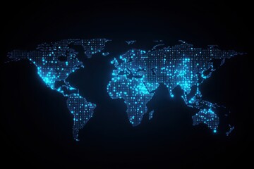 digital dot world map with blue light on dark background.