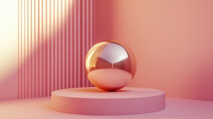 Wall Mural - shiny gold sphere on a pink platform with a textured wall