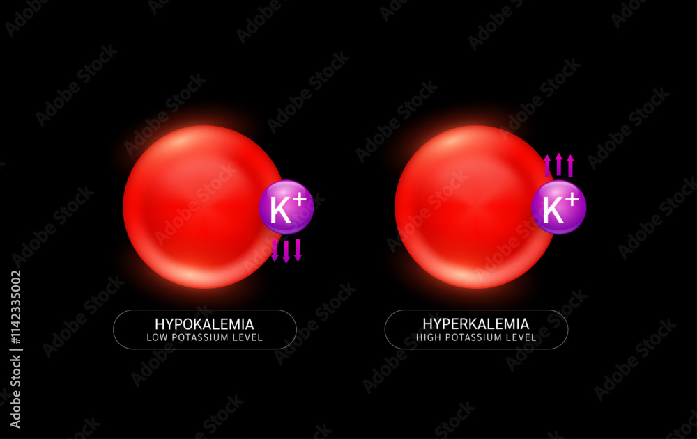 Potassium in red blood cells with up down arrows on black background ...