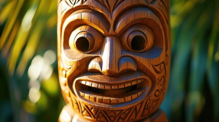 Wall Mural - wooden tiki face in tropical setting