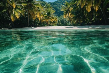 Tropical beach view from water with lush palms.